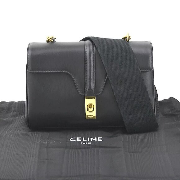Auth CELINE Teen Soft 16 Shoulder Bag Black Leather/Canvas/Goldtone - Picture 1 of 14